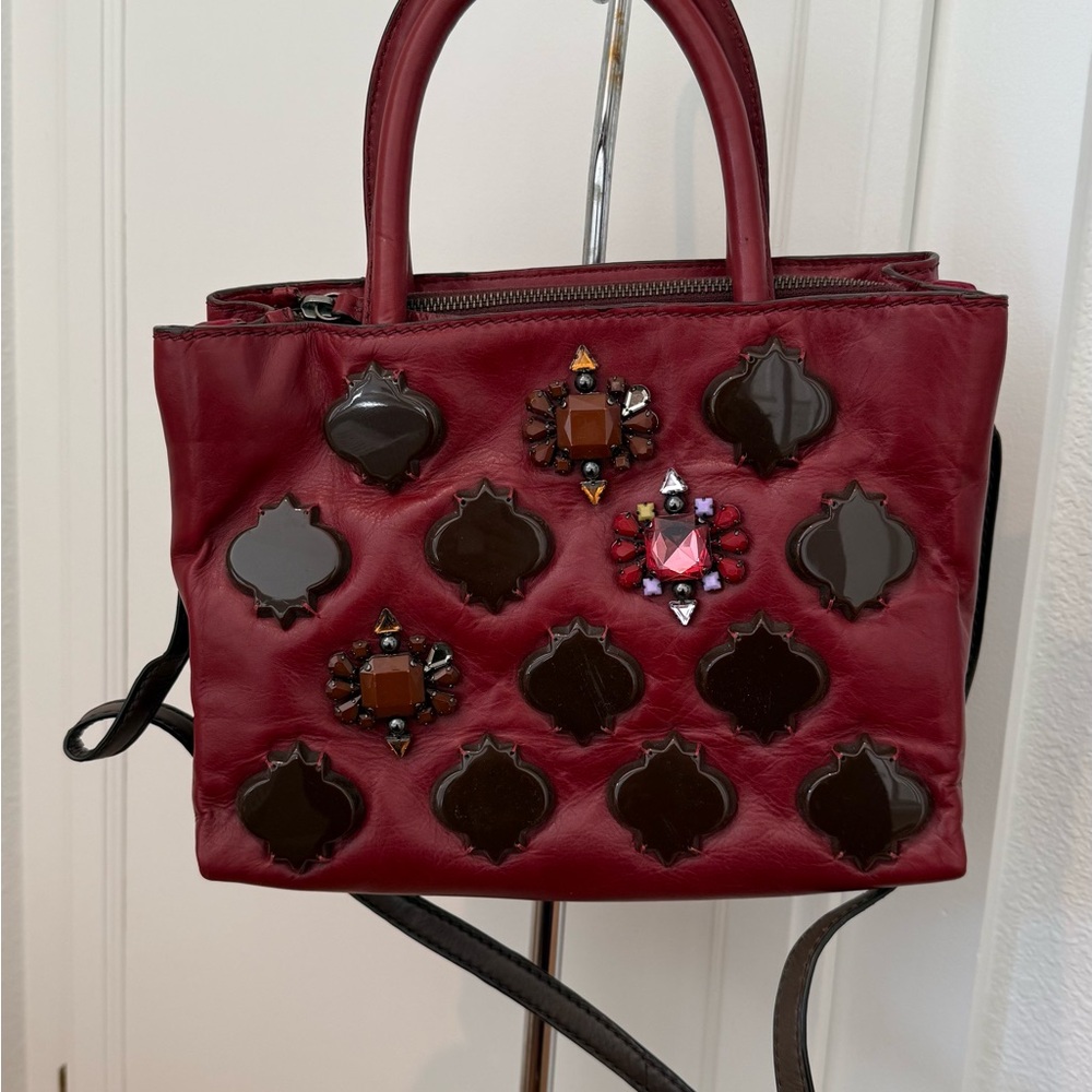 Maliparmi Burgundy Leather Satchel with Jewel Embellishments